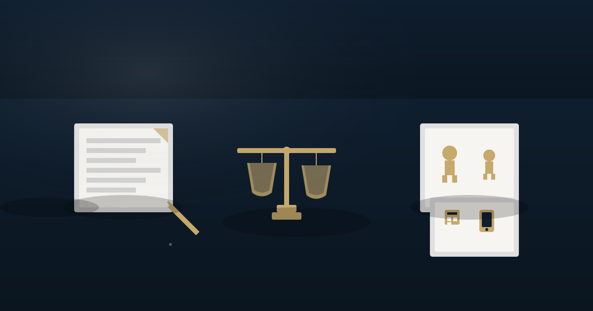 이혼·재산분할·양육 절차를 상징하는 법률 문서와 저울 일러스트