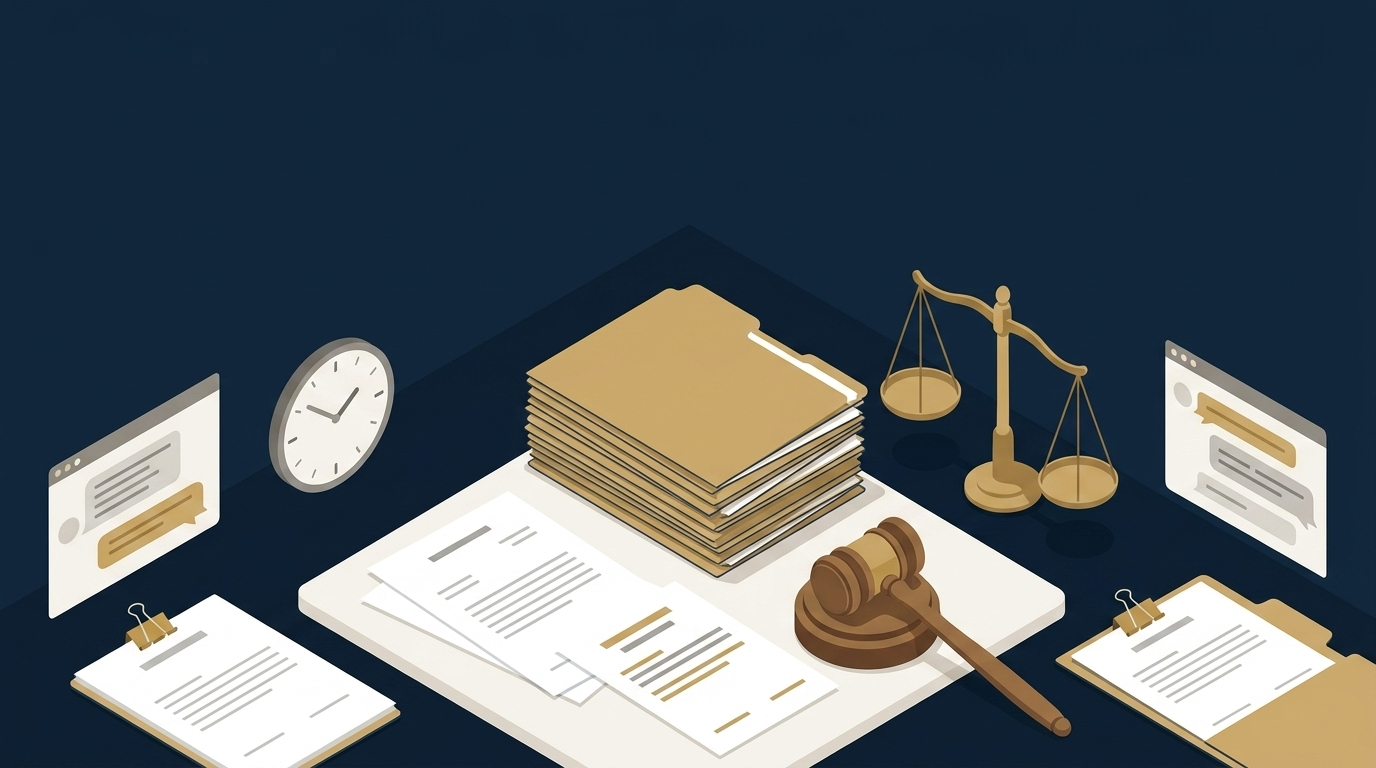 사실관계 정리와 증거 수집 항목을 보여주는 법률 문서 일러스트